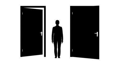 Fototapeta premium Man standing between two open doors, choosing which path to take, symbolizing decision making and opportunity with choosing a path