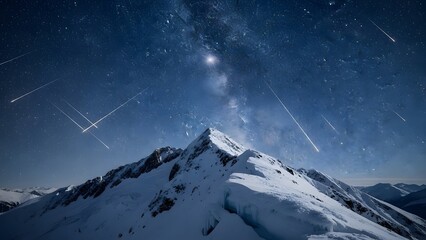 snowy mountain peak under a starry night sky with milky way