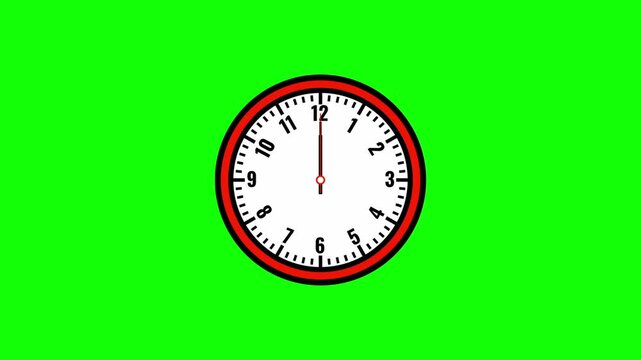 Spinning clock animation featuring a round clock with a white circular face, clear hour numbers, and rotating hour, minute, and second hands on a green background. Ideal for time, schedule, and etc