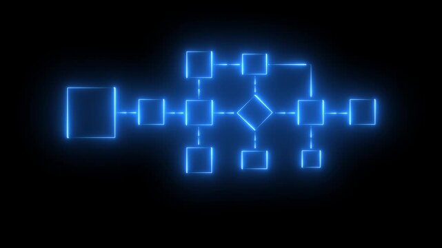 Glowing Blue Digital Flowchart with Connected Nodes and Decision Paths Abstract Animation glowing blue flowchart