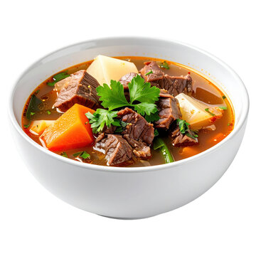 Steaming bowl of traditional beef soup from brunei, showcasing its simple and clear broth with ingredients, isolated on white background for culinary content