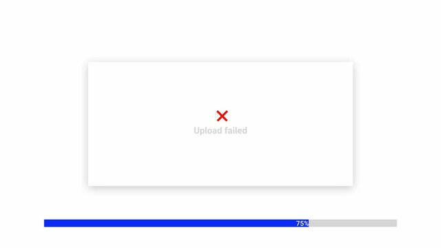 4K upload failed UI animation with background card, Upload Failed text, red X icon, and blue progress bar stopping at 75 percent. Ideal for error states, apps, and software interfaces.