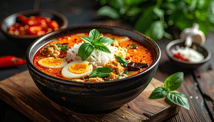 Bowl of spicy soup with rice, eggs, and herbs, close up