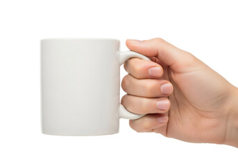 Close-up of a hand holding a plain white ceramic mug
