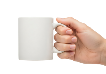 Close-up of a hand holding a plain white ceramic mug