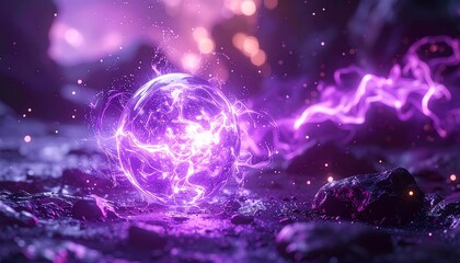 Glowing orb surrounded by vibrant electrical energy, amidst a rocky landscape