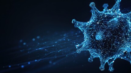 An abstract, luminous representation of a virus particle, rendered in glowing blue, floats against a dark background. ..Created with Generative AI, not depicting real subjects.