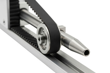 Metal mechanical linear actuator with black rubber timing belt on a transparent background