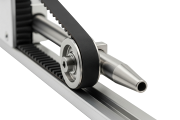 Metal mechanical linear actuator with black rubber timing belt on a transparent background