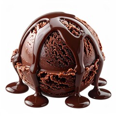 Scoop of rich brown ice cream drizzled with dark chocolate sauce