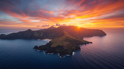 Volcanic islands are often characterized by their striking peaks, which can appear particularly stunning during sunset. The interplay of light at dusk enhances the vibrant colors and textures of the v