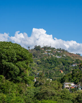 Housing in petropolis atlantic forest on a blue sky day copy-space and clouds