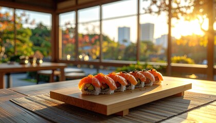 Sushi on a wooden tray, golden sunset view, Japanese garden scene