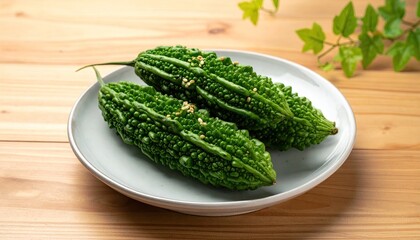 Two green bitter gourds, sprinkled, on a plate, wood background