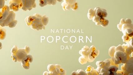 Celebrate national popcorn day with fluffy white kernels floating against a soft pale green background perfect for holiday announcements and snack promotion