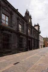 Casa Salazar facade, episcopal palace and diocesan offices, historic stone architecture in La Laguna, San Cristobal de La Laguna, Tenerife.