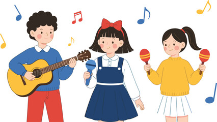 Happy Children Playing Music Together with Guitar and Maracas in Cute Flat Cartoon Vector Style