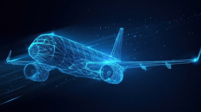 An futuristic glowing airplane outline against a dark background, depicting advanced aviation technology and design. ..Created with Generative AI, not depicting real subjects.