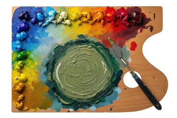 Wooden artist palette with colorful oil paints and palette knife on a transparent background