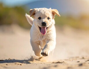 Obraz premium Joyful Golden Retriever puppy running on sandy beach towards the viewer