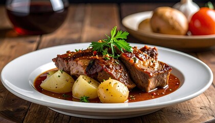 Elegant plate of braised meat with potatoes and sauce, a classic meal
