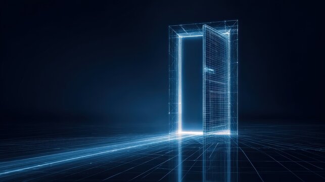 An open door glows with an ethereal light, a pathway illuminated with digital energy, it represents opportunity and transformation. ..Created with Generative AI, not depicting real subjects.