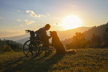 Silhouette of young girl in a wheelchair playing with her golden dog together on mountain sunset , a touching scene of companionship, loyalty, and hope