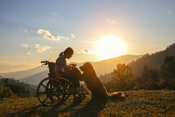 Silhouette of young girl in a wheelchair playing with her golden dog together on mountain sunset , a touching scene of companionship, loyalty, and hope