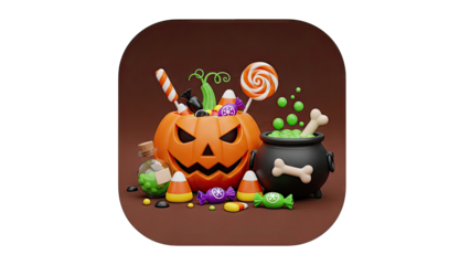 Halloween Jack-o'-lantern overflowing with candy and potion cauldron
