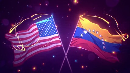 Glowing American and Venezuelan flags crossed on dark background with festive lights.