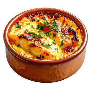 A close-up view of bacalhau com natas, revealing the layers of cod, potato, and creamy sauce, isolated on a white background