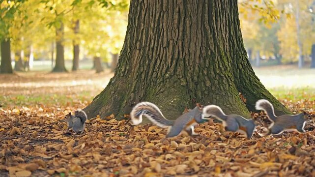 Three playful squirrels frolic around a tree trunk in autumn leaves