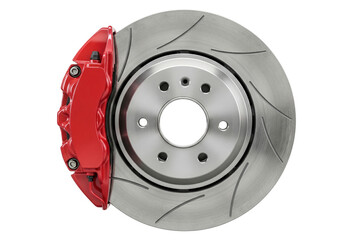 Automotive braking system assembly with red metal caliper on a transparent background