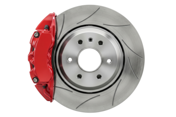 Automotive braking system assembly with red metal caliper on a transparent background