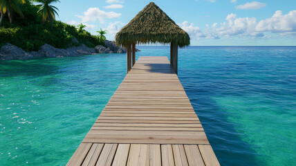 Wooden pier thatched roof tropical turquoise water island summer peaceful sunny