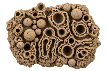 Porous brown mineral stone with rough circular surface texture on a transparent background