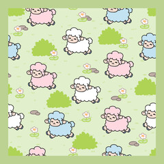 Colorful Pastel Lambs Pattern on Green Grassland. Great for wallpaper, gift wrap, nursery illustrations, children clothing, and digital paper design