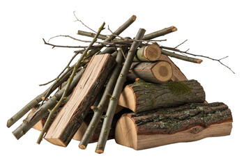 Stack of chopped firewood logs and dry tree branches for campfire on a transparent background