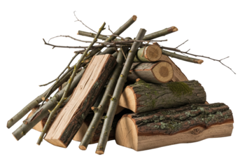 Stack of chopped firewood logs and dry tree branches for campfire on a transparent background