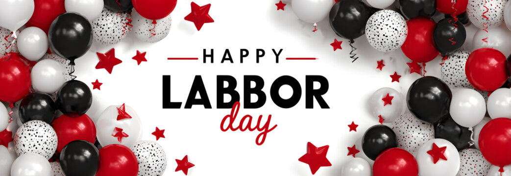 Vibrant Labor Day celebration with red, white, and black balloons and stars - Powered by Adobe