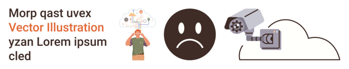 Fototapeta premium Privacy concerns, mental health, cloud storage, data security, surveillance, technology. Sad face, brain map surveillance camera and cloud icon. Privacy concerns and mental health visuals