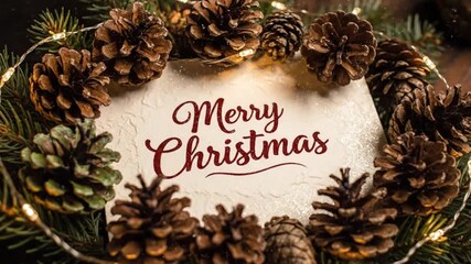 Festive Merry Christmas message with pine cones and sparkling lights