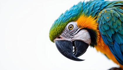 Obraz premium Colorful macaw parrot close up with vibrant blue, green, and yellow feathers and sharp black beak isolated on white background