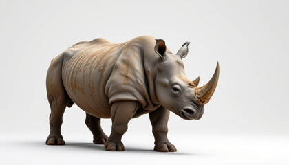 Obraz premium Rhino isolated on white background with textured skin and prominent horn, standing in calm and natural pose