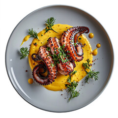 Top view of grilled octopus with saffron aioli Michelin star restaurant main course plating isolated on white transparent background
