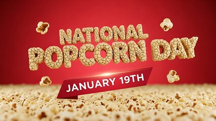 Celebrate the delicious national popcorn day on january nineteenth with these delightful kernels arranged into floating three dimensional text against a vibrant red background perfect for holiday prom