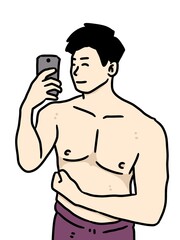Fototapeta premium cartoon man taking self photos on smartphone