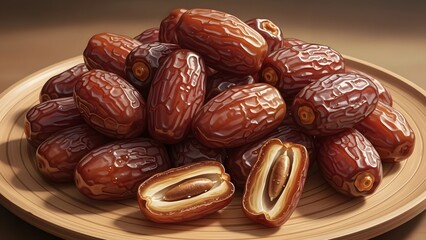 Obraz premium Delicious Medjool dates piled high on a wooden plate, some split to reveal their sweet, chewy interior, a healthy and natural snack
