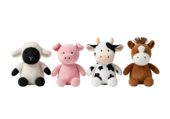 Close-up of four soft plush farm animal toys (sheep, cow, piglet, horse) arranged neatly on a perfect, shadowless white background, high-key product photo. Concept for children's product advertising