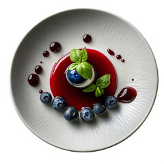 Top view of blueberry and basil panna cotta in Michelin star dessert plating isolated on white transparent background